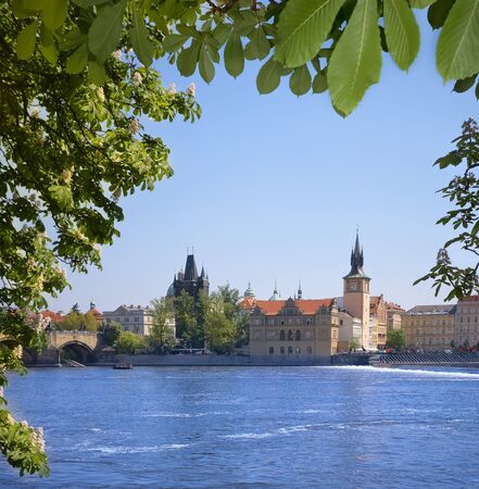 View on embankment of Old city and part of Charles bridge in Prague.の写真素材