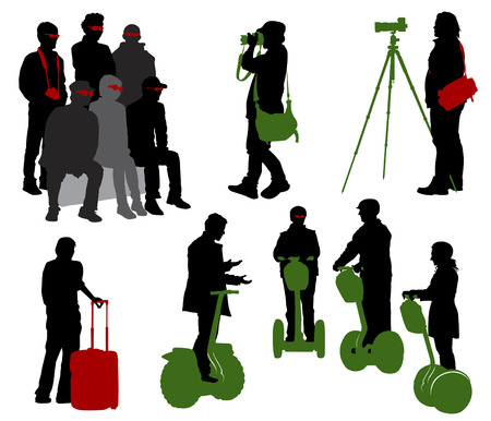 Silhouettes of tourists in different situation. Photography waiting walk ride on segwayのイラスト素材
