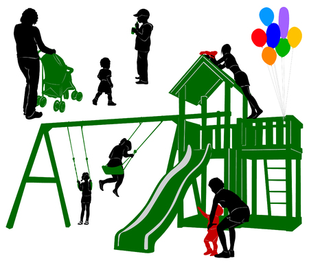 Silhouettes of children and parents on the playgroundのイラスト素材
