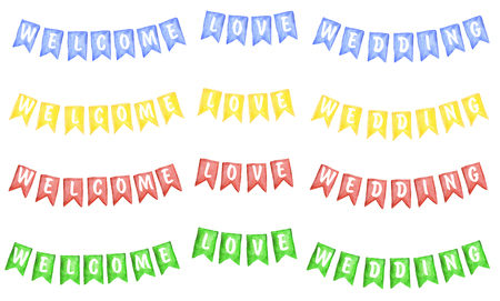 Watercolor illustration of flags, banner in different colors with signs welcome, love, weddingの写真素材