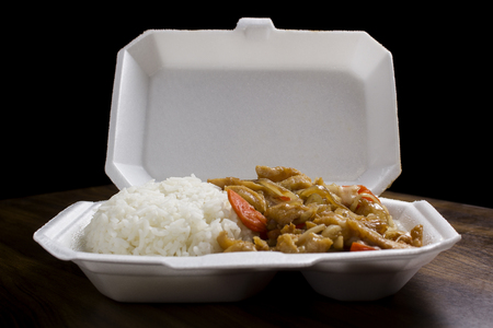 Take away chicken stir fry and riceの写真素材
