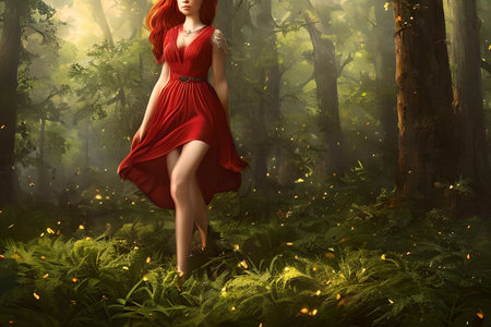 Beautiful red-haired woman in the forest. fantasy forest.の素材