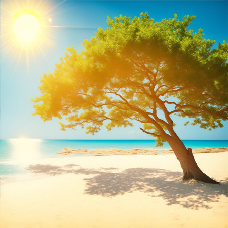 Beautiful pine tree on sandy beach at sunny day. collageの素材