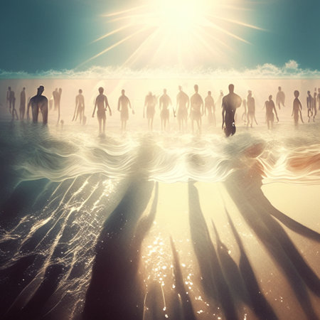 Surfing the ocean with surfers at sunset. 3D renderingの素材