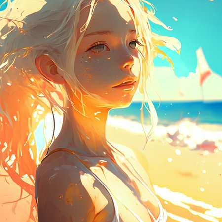 3D illustration of a beautiful girl with blond hair on the beachの素材