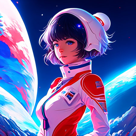Astronaut girl in outer space. Sci-fi illustration.の素材