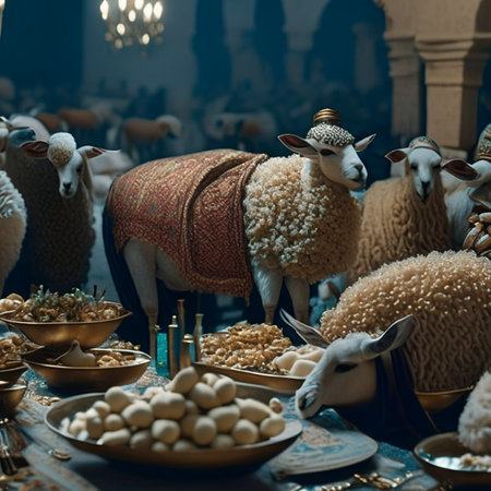Sheep in the interior of the mosque. Muslim feast of the holy month of Ramadanの素材