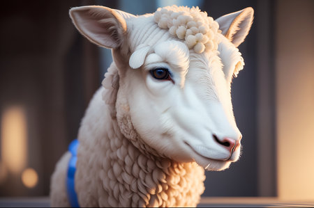 Sheep statue with blue eyes, close-up. Shallow depth of field.の素材