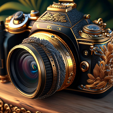 3d illustration of a camera with a gold frame on a wooden tableの素材