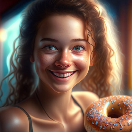 Beautiful young woman with tasty donut, 3d illustration.の素材