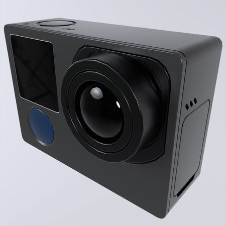 Digital camera on a gray background. 3d rendering. Computer digital drawing.の写真素材