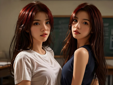 Two beautiful asian women in front of the blackboard in the classroomの素材