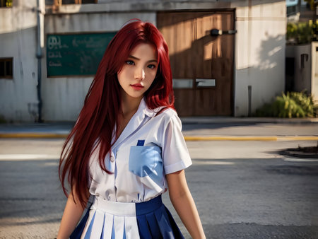 A shot of a beautiful asian woman outdoors in the city.の素材