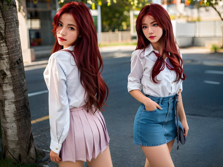 Two beautiful young asian women with red hair in the city.の素材