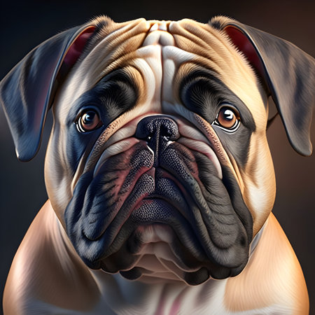 dog breed English Bulldog close-up on a dark background.の素材