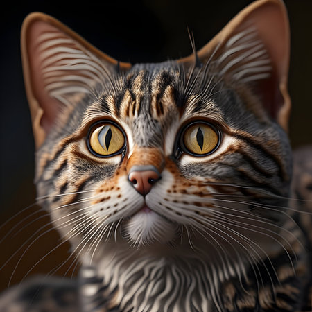 Close-up portrait of a tabby cat with big eyes.の素材