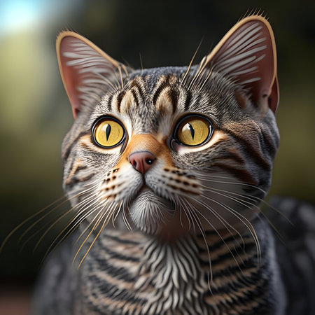 3D rendering of a tabby cat with big yellow eyes.の素材