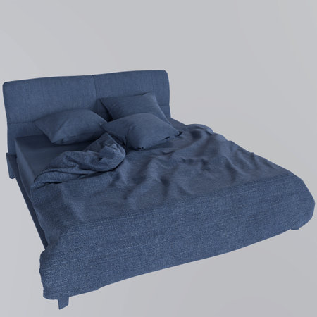 Modern double bed with blue linen isolated on gray background. 3d renderingの写真素材