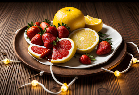 Strawberries, lemons and oranges on a wooden background.の素材