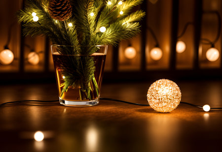 Christmas and New Year background. Glass of whiskey with Christmas tree branch on a wooden table.の素材