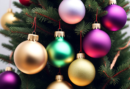 Decorated Christmas tree with colorful baubles on blurred backgroundの素材