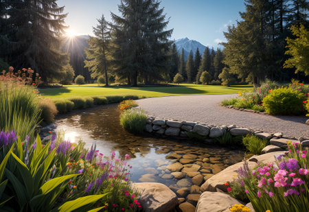 Beautiful landscaped spring garden with a pond and blooming flowersの素材