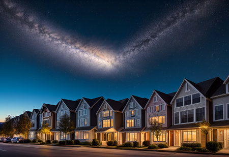 A view of a group of houses under a beautiful night sky.の素材