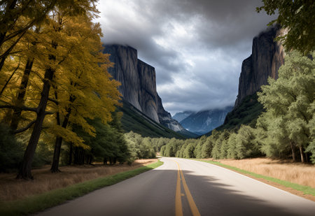 Autumn Journey Green Landscape, Mountain Road, and Skyの素材