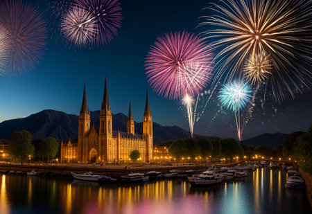 Nighttime Fireworks Illuminating City Skyline with Water Reflectionの素材