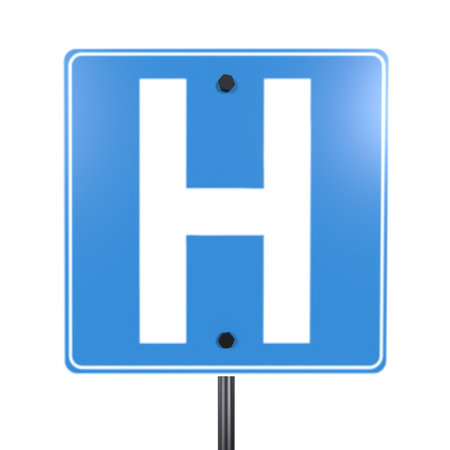 A clear blue sign featuring a large white letter H to indicate a hospital.の写真素材
