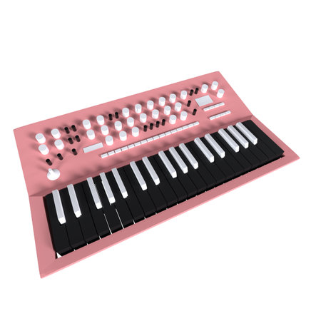 A modern pink synthesizer showcases black keys and various control knobs, designed for musicians.の写真素材