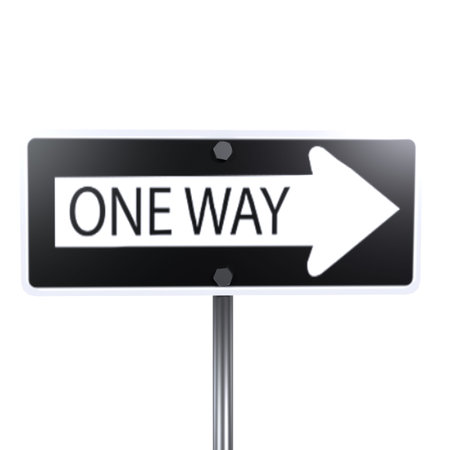 A clear one way sign points right, guiding vehicles in an urban setting.