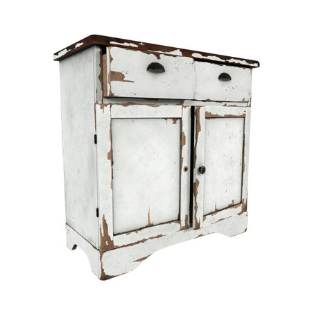 A rustic wooden cabinet features a worn white finish and two drawers on top.の写真素材