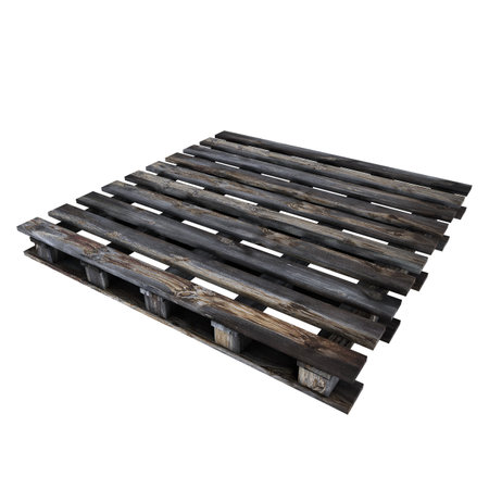 Wooden pallet with a weathered appearance sits alone against a clean white background.の写真素材
