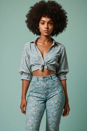 A woman models a stylish cropped floral shirt and high-waisted jeans.の素材