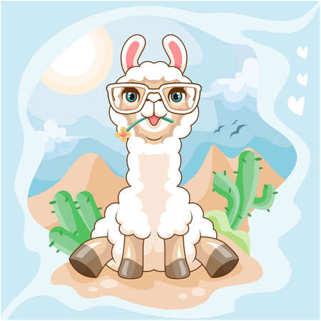 Cartoon Llama in glasses sitting isolated in the desertのイラスト素材