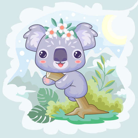 Cartoon cute koala perching on a tree isolated beautiful forest viewのイラスト素材
