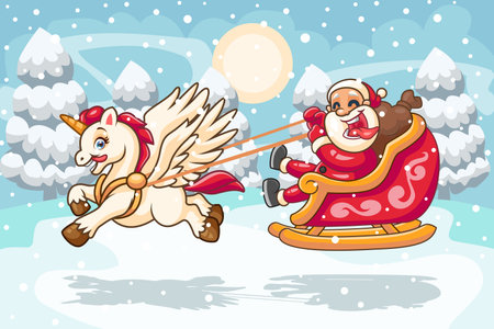 Cute cartoon santa claus riding a ride with unicornのイラスト素材