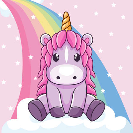 Cartoon cute unicorn mascot isolated with sky and rainbow viewのイラスト素材