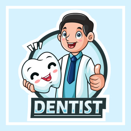 Doctor Dentist character dental checkup vector illustration on blue background. Dental concept.のイラスト素材