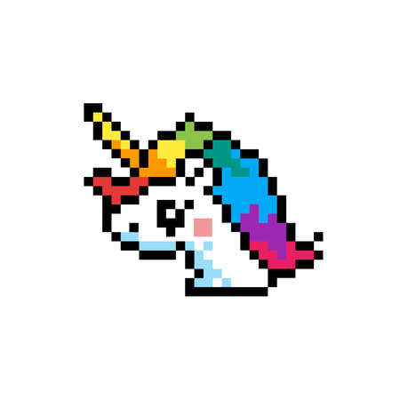Pixel art cartoon Cat Unicorn with rainbow tail and hair on pink backgroundのイラスト素材