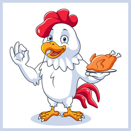 Cartoon chicken mascot holding grilled chickenのイラスト素材