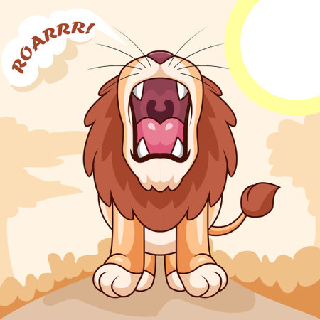 Cartoon cute little lion roaring isolated on african jungle backgroundのイラスト素材