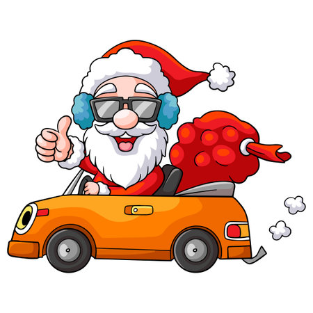 Cartoon santa claus driving a car to send gifts isolated on white backgroundのイラスト素材