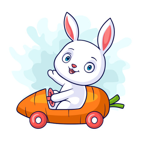Little bunny cartoon driving a carrot shaped car on a white backgroundのイラスト素材