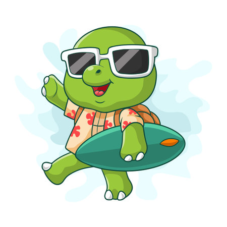 Cartoon little turtle in glasses taking surfのイラスト素材