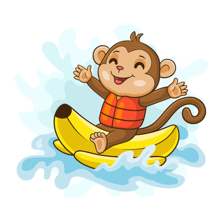 Little monkey cartoon is surfing on a banana boatのイラスト素材