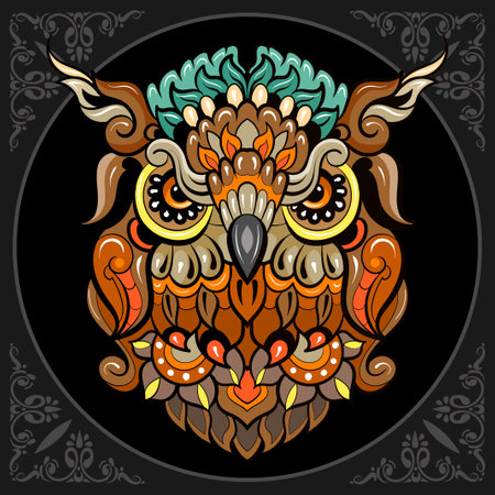 Colorful Owl head mandala arts isolated on black backgroundのイラスト素材