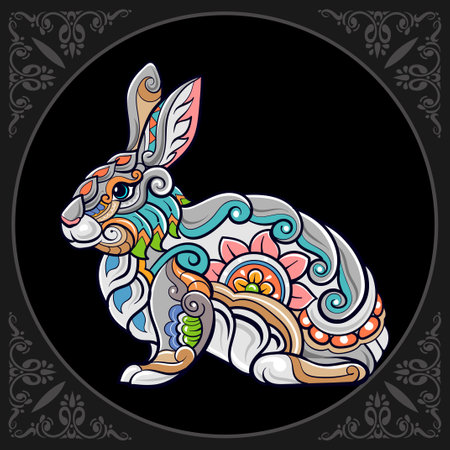 Colorful Rabbit mandala arts isolated on black backgroundのイラスト素材