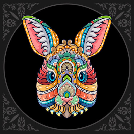 Colorful Rabbit head mandala arts isolated on black backgroundのイラスト素材
